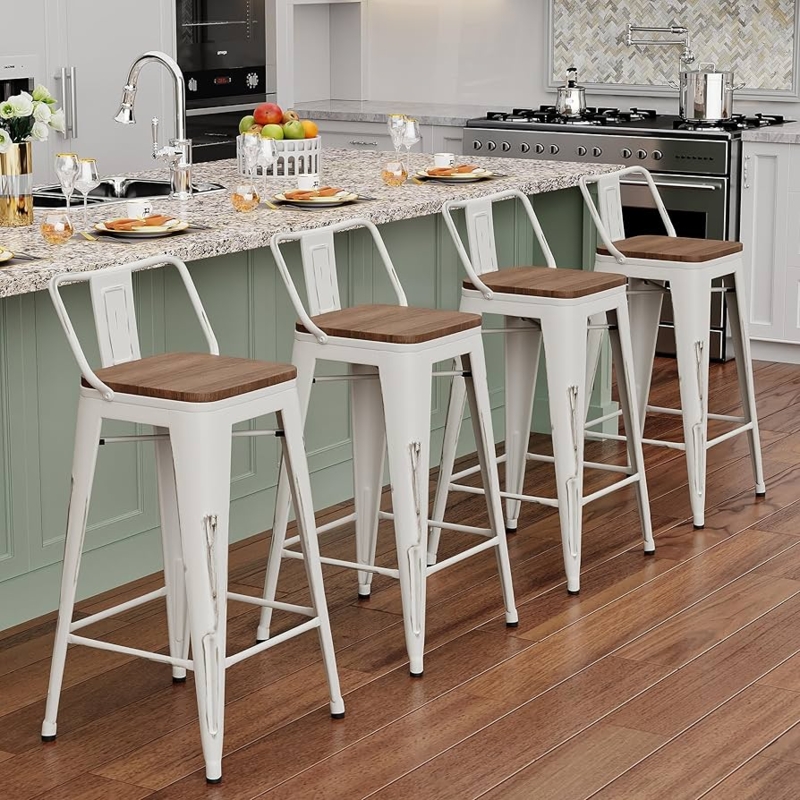 Bar Stool, Wood Toned Seat, Distressed White Metal Frame, Low Backrest