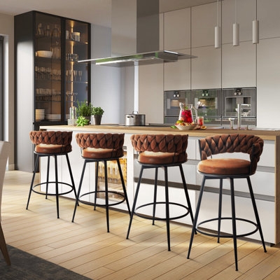 Bar Stool: Woven Back Counter Stools, Braided Backrest, Cognac Upholstery