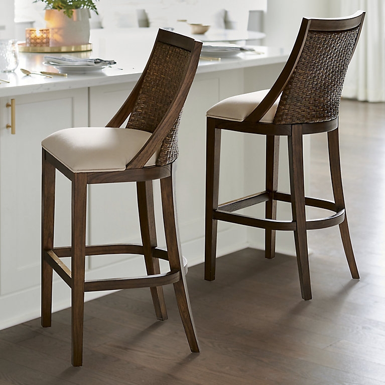 Bar Stool Woven Back Dark Wood Frame Cream Upholstery
