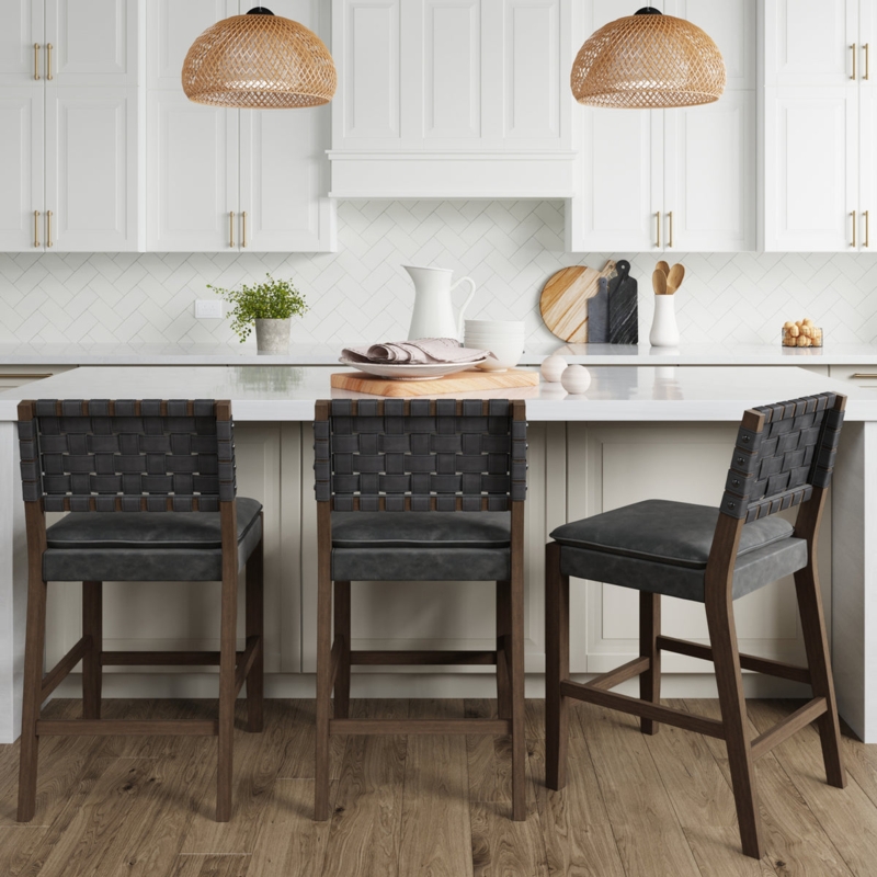 Bar Stool Woven Back Graphite Upholstery Dark Wood Frame Modern Kitchen