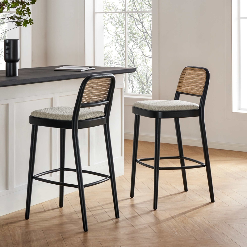 Bar Stool Woven Cane Back Matte Black Frame Boucle Texture Seat