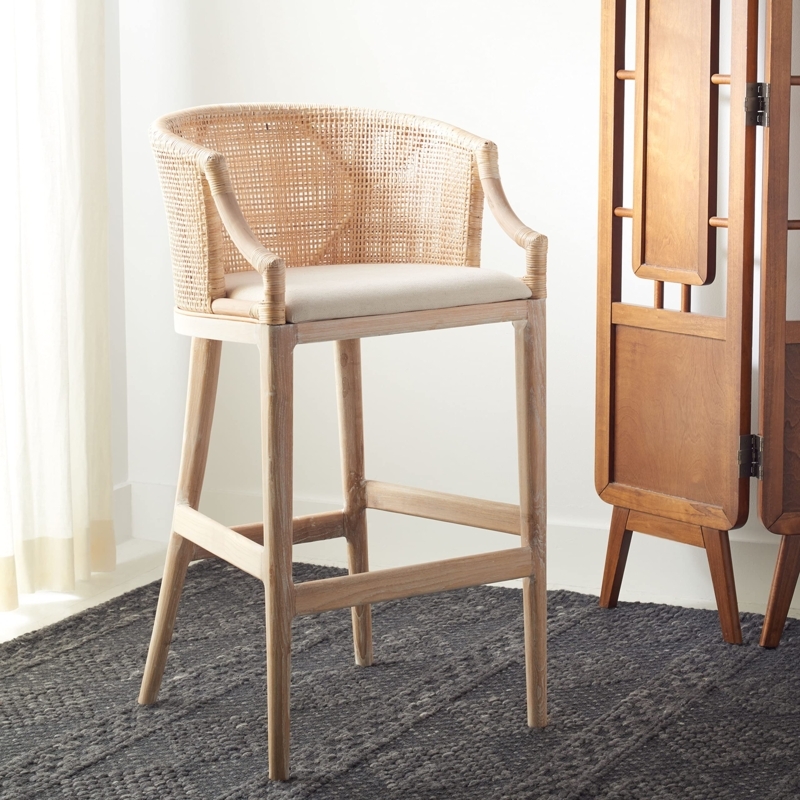 Bar Stool Woven Cane Backrest Whitewashed Wood Legs Coastal Kitchen