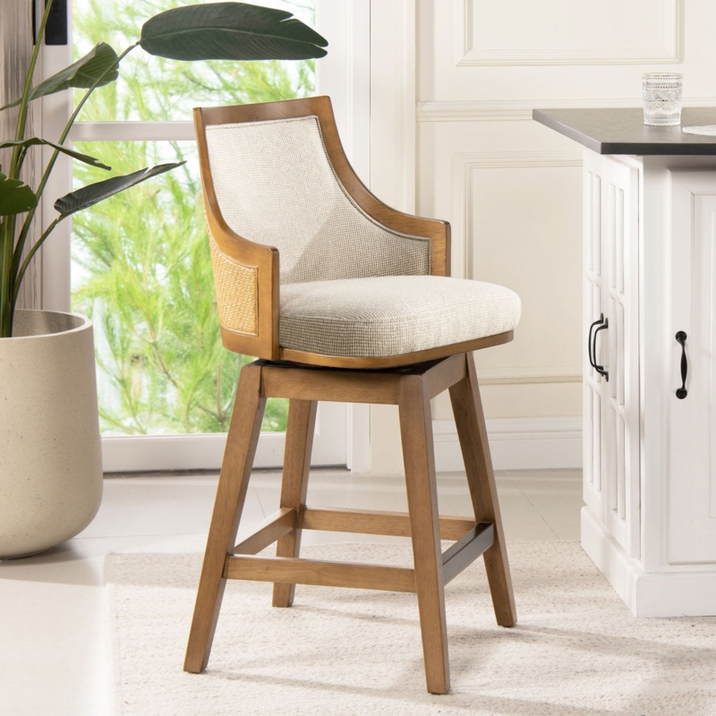 Bar Stool Woven Cane Sides Wood Frame Swivel Seat Coastal Modern