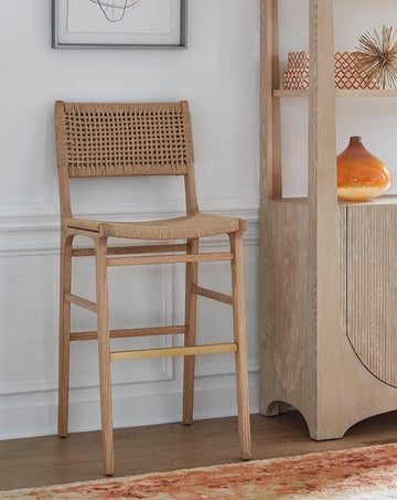 Bar Stool Woven Cord Back and Seat Brass Footrest Natural Wood Frame