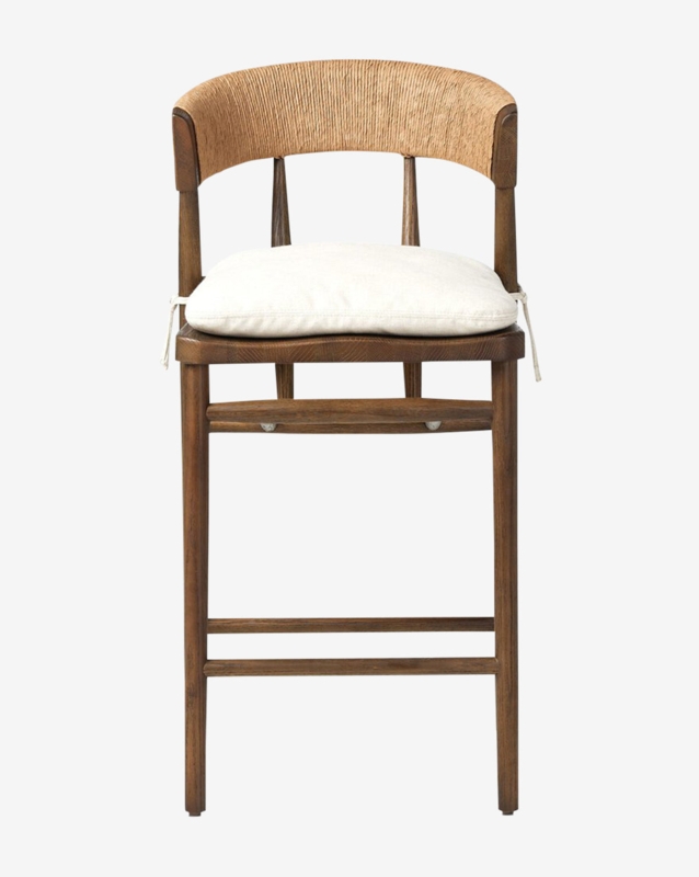 Bar Stool Woven Curved Back Tie On Cushion Dark Wood Coastal