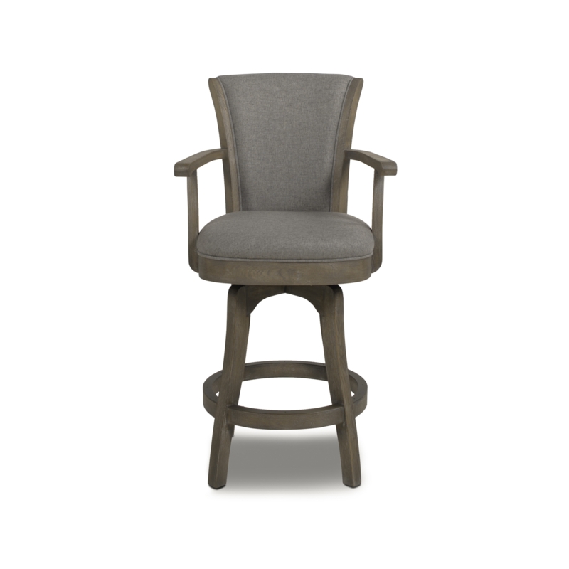 Bar Stool Woven Grey Fabric Weathered Wood Swivel Transitional