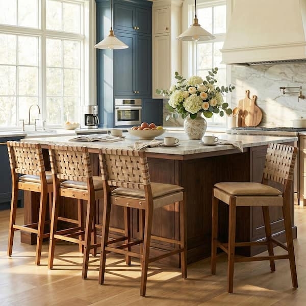 Bar Stool Woven Leather Back Square Seat Walnut Finish Kitchen