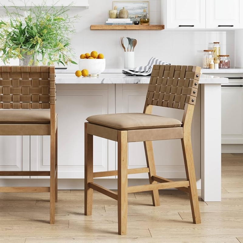 Bar Stool, Woven Leather-Like Back, Natural Wood Frame, Tan Finish