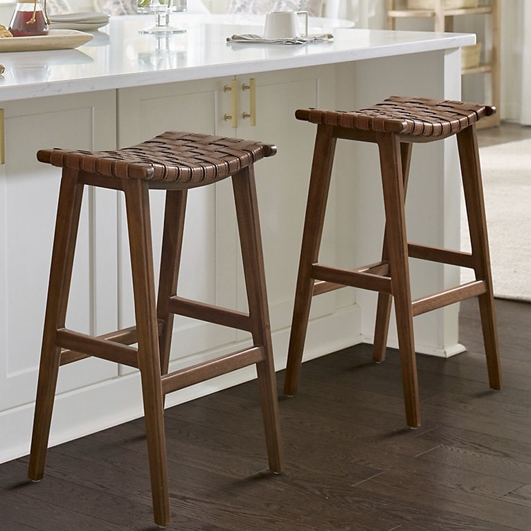 Bar Stool Woven Leather Seat Saddle Shape Medium Brown Wood Mid Century