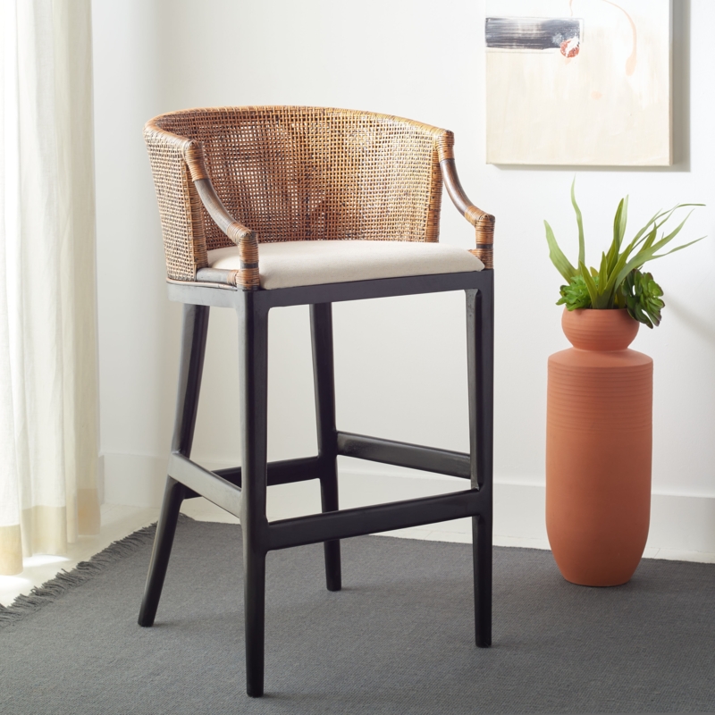 Bar Stool Woven Rattan Back Dark Wood Frame Barrel Silhouette