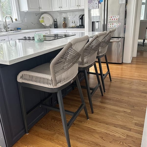 Bar Stool, Woven Rope Back, Charcoal Metal Frame, Twill Pattern Style