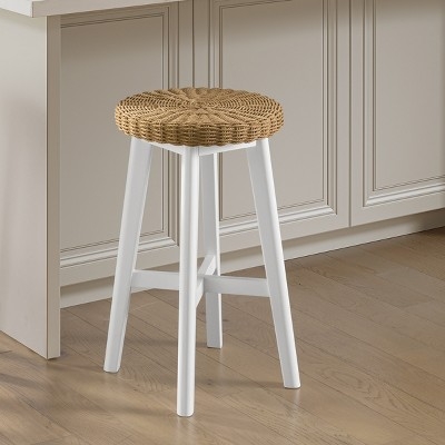 Bar Stool Woven Round Seat Tan Rattan Backless Coastal Farmhouse