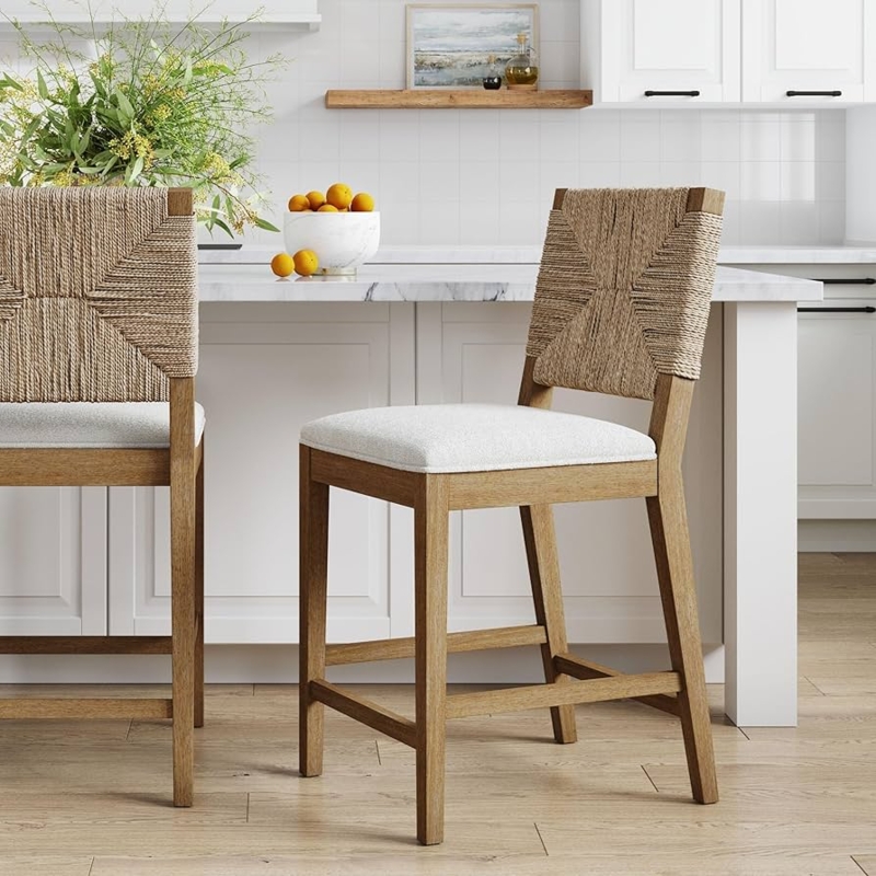 Bar Stool, Woven Seagrass Back, Boucle Seat, Light Wood Frame, Bohemian