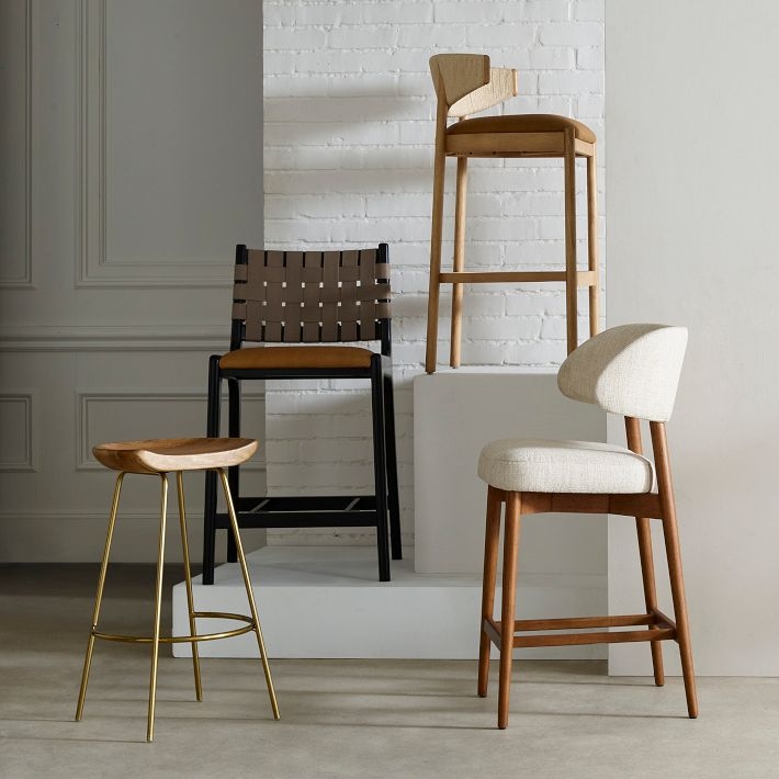 Bar Stool Woven Strap Back Gold Metal Frame Mid-Century Modern Kitchen