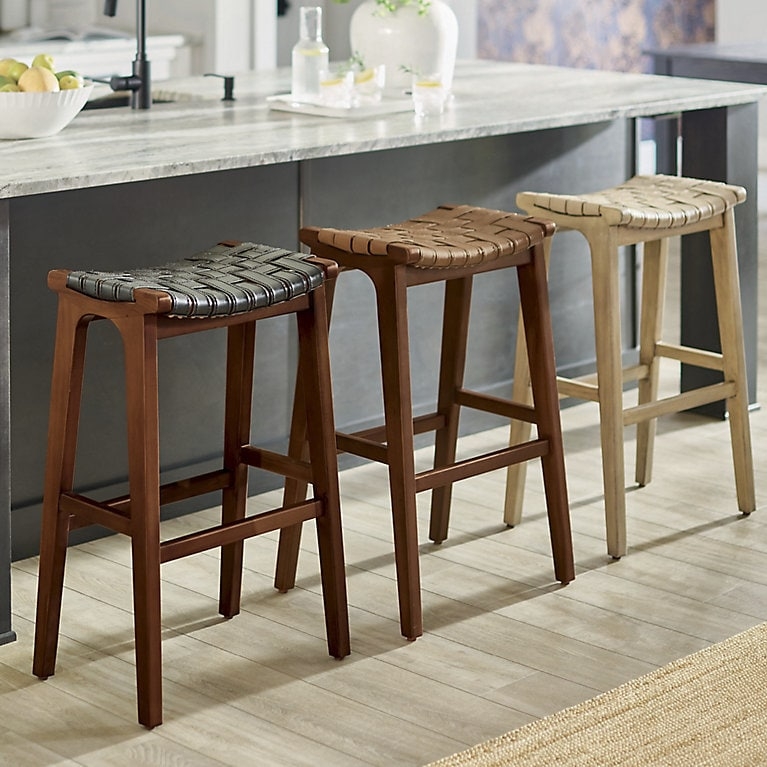 Bar Stool Woven Strap Seat Saddle Silhouette Wood Toned Tapered Legs