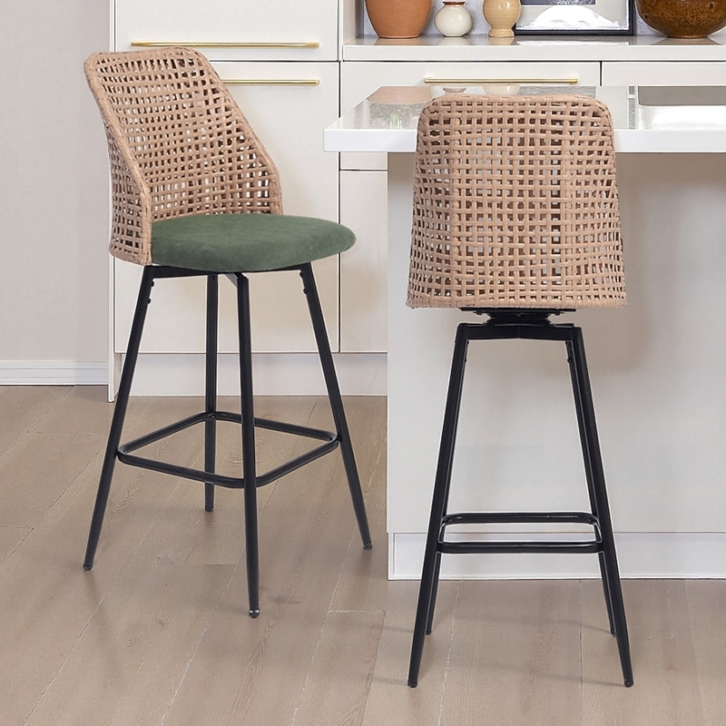 Bar Stool Woven Wicker Backrest Muted Green Chenille Seat Swivel