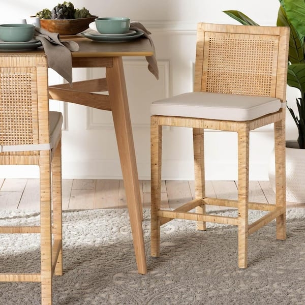 Bar Stool Wrapped Rattan Frame Cane Webbing Back Cushion Coastal Boho