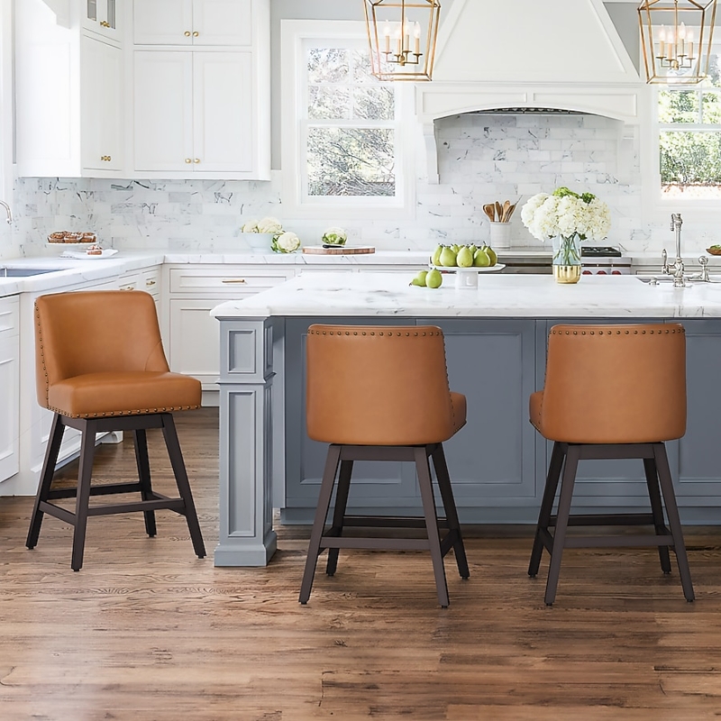 Bar Stool Yellowish-Brown Swivel Nailhead Trim Wood Legs Transitional