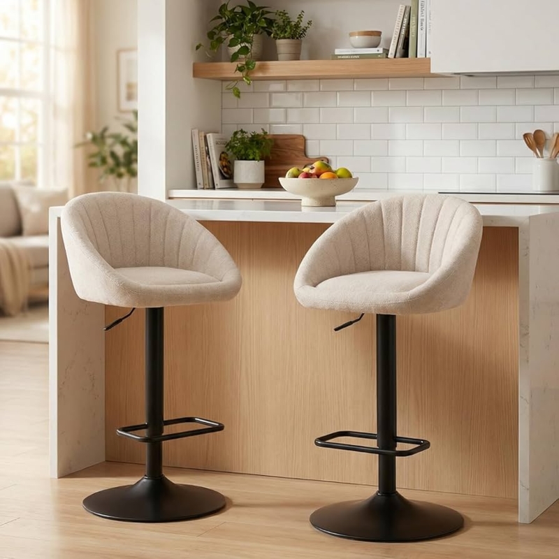 Bar Stools Adjustable Pedestal Base Beige Channel Tufted Fabric