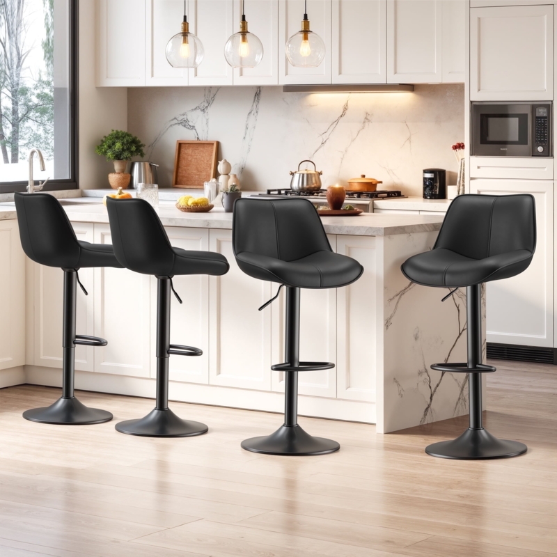 Bar Stools Adjustable Swivel Pedestal Base Black Faux Leather
