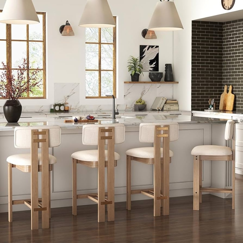 Bar Stools Armless Architectural Wood Frame Beige Linen Look