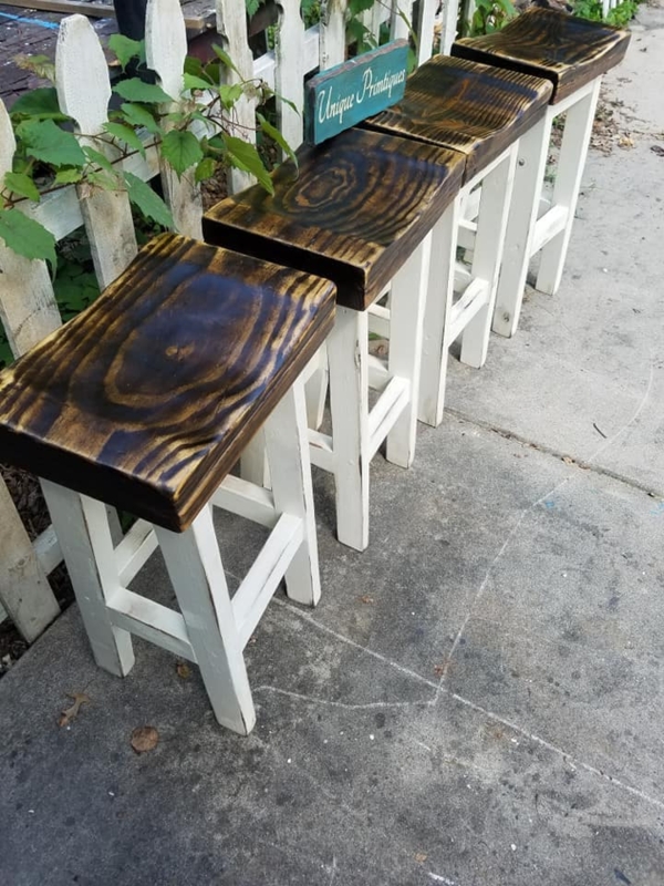 Bar Stools Backless Contoured Wood Seat Two Tone White and Brown
