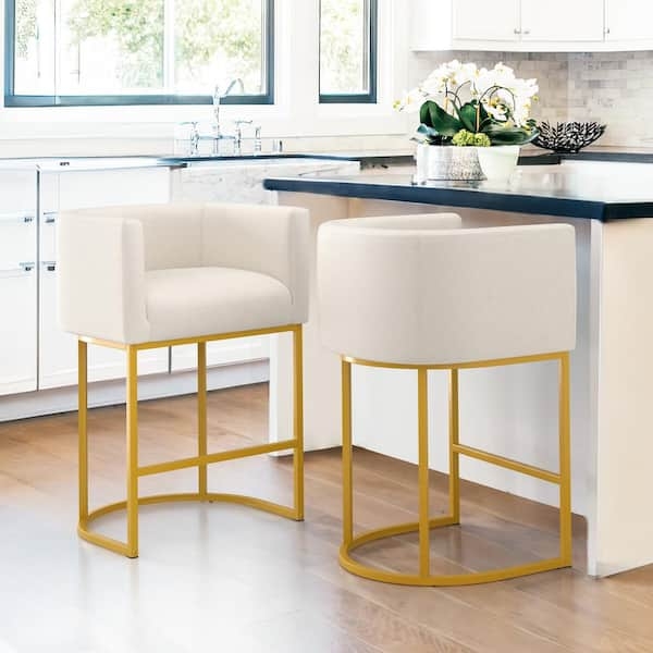 Bar Stools: Beige Linen Look with Wraparound Low Back and Sled Base