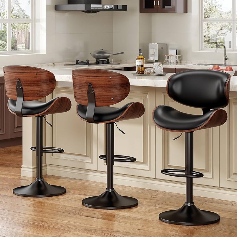 Bar Stools Bentwood Black Faux Leather Mid-Century Adjustable