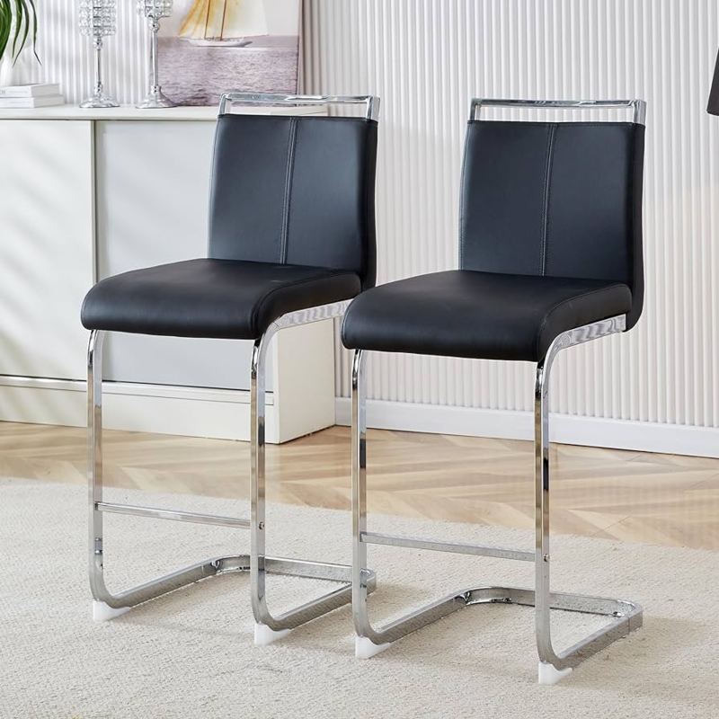 Bar Stools Black Cantilever Polished Chrome Padded Back Sleek