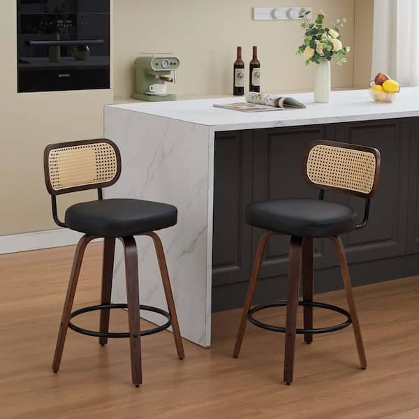 Bar Stools Black Leather Seat Rattan Cane Back Swivel