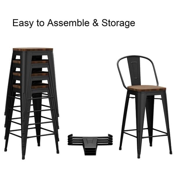 Bar Stools Black Metal Wood Seat Antique Finish With Footrest
