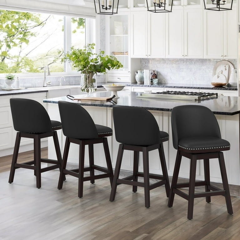Bar Stools Black Swivel Nailhead Trim Curved Back Wood Legs