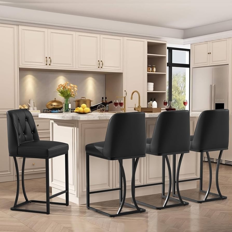 Bar Stools Black Tufted Back Curved Sled Base Matte Finish