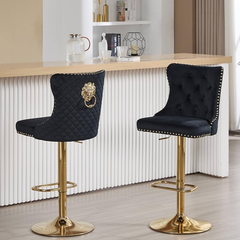 Bar Stools Black Velvet Lion Head Pull Gold Pedestal Base Tufted
