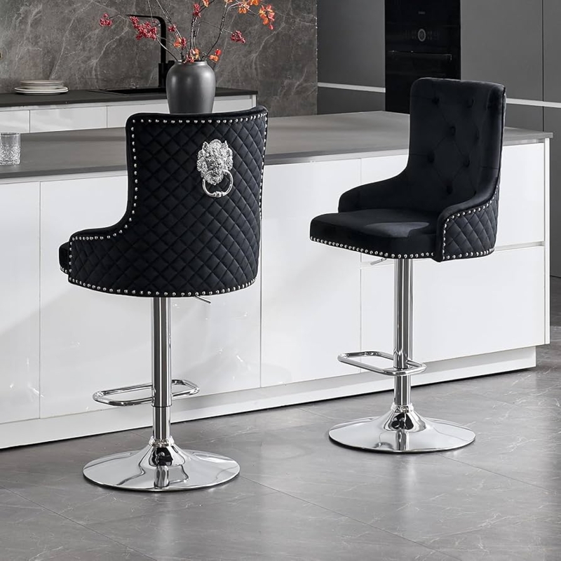 Bar Stools Black Velvet with Lion Head Pull Ring and Nailhead Trim