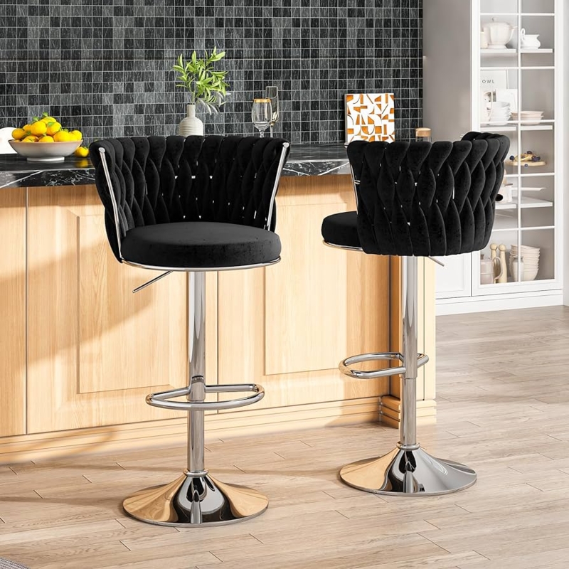 Bar Stools Black Velvet Woven Back Polished Chrome Swivel