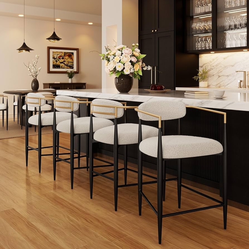 Bar Stools Boucle Texture Creamy White Gold Accents High Back