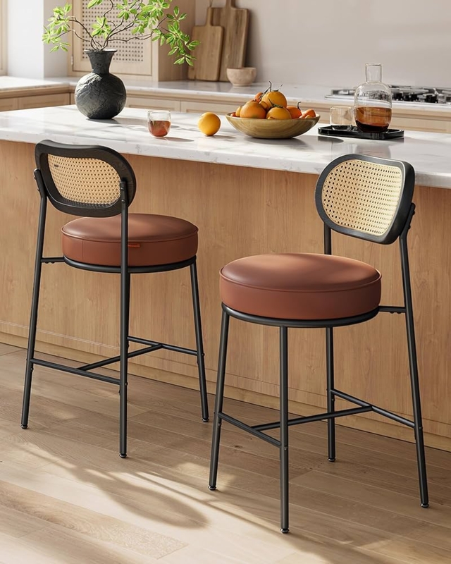 Bar Stools Caramel Leather Round Seat Black Metal Frame Cane Back
