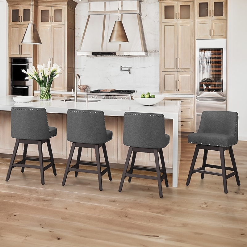 Bar Stools Charcoal Swivel Nailhead Dark Wood Legs Transitional Seating