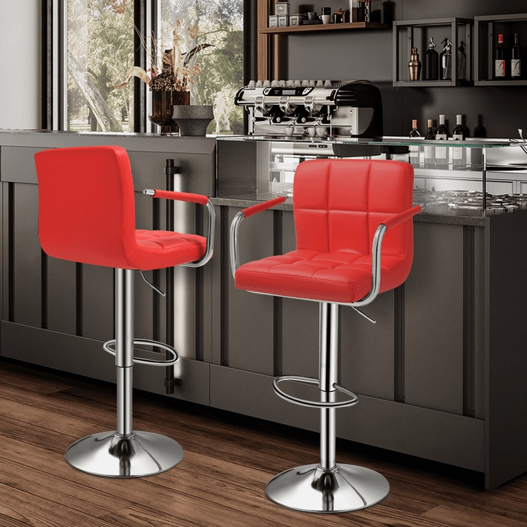 Bar Stools Chrome Armrests Square Tufted Back Adjustable Pedestal
