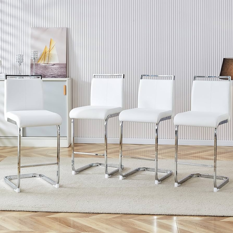 Bar Stools Chrome Cantilever White Upholstered Back Modern Set