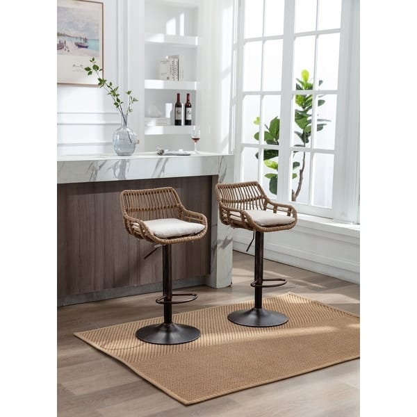 Bar Stools Coastal Woven Rattan Back Beige Seat Adjustable