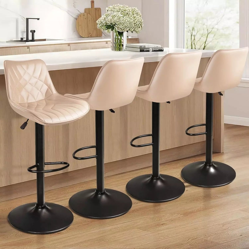 Bar Stools Cream Faux Leather Diamond Tufted Adjustable Black Base