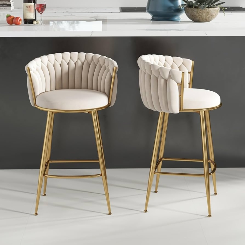 Bar Stools: Cream Woven Velvet with Gold Legs for Modern Glam Kitchen