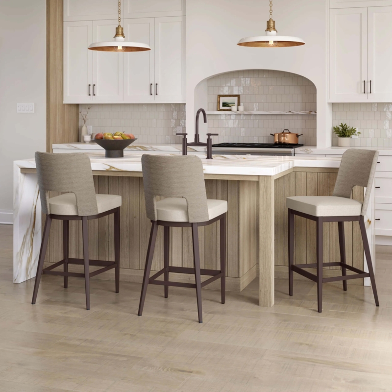 Bar Stools Curved Cutout Back Dark Metal Frame Beige Woven