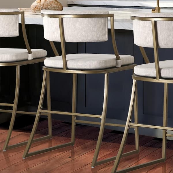 Bar Stools Curved Upholstered Back Antique Brass Frame Open Back