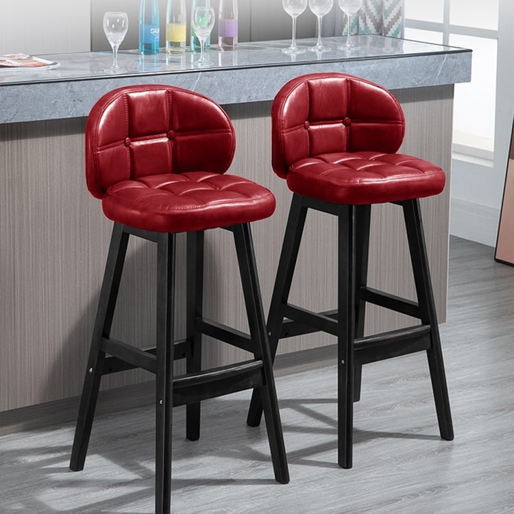 Bar Stools Dark Wood Legs Curved Backrest Rustic Tufted Set