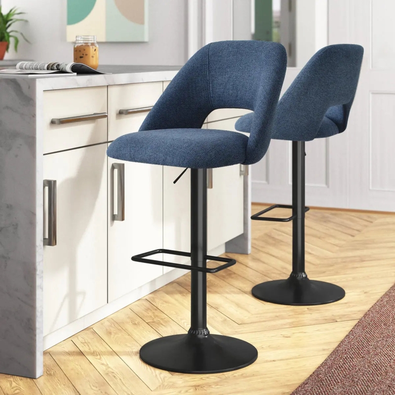 Bar Stools Denim Blue Linen-Like Fabric Open Back Swivel