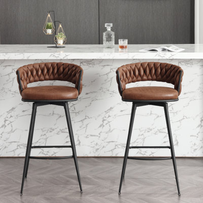 Bar Stools Diamond Braided Back Brown Swivel Metal Frame