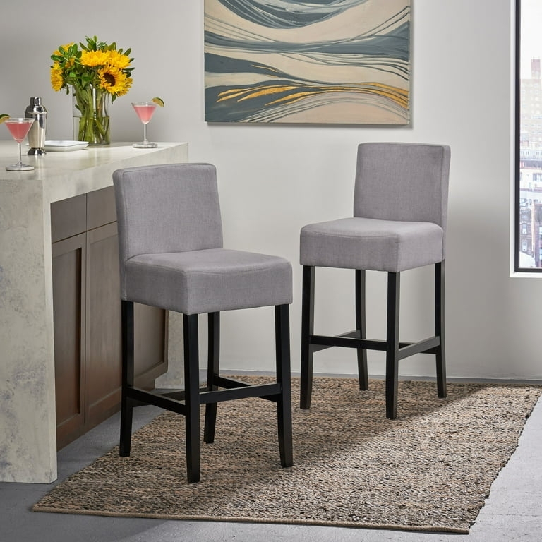 Bar Stools Fabric High Square Back Dark Wood Legs Contemporary Kitchen